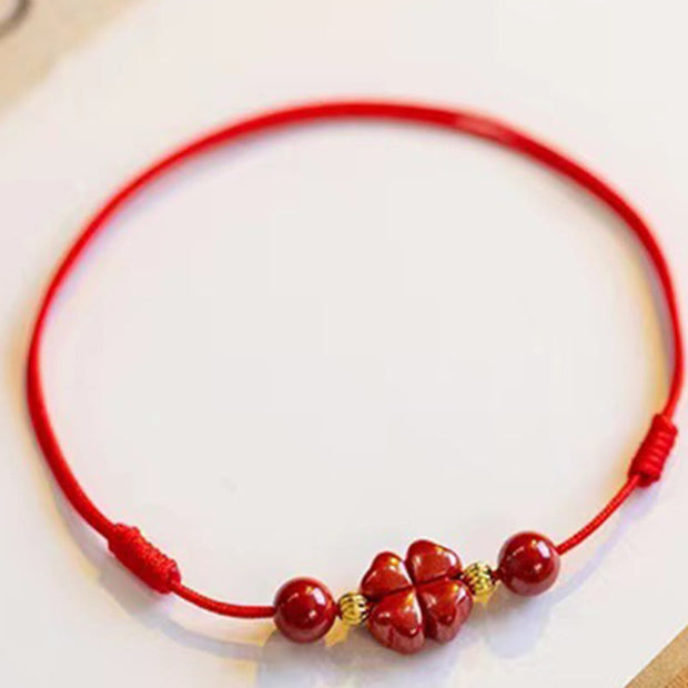 Buddha Stones Cinnabar Four Leaf Clover Blessing String Rope Anklet Anklet BS 2