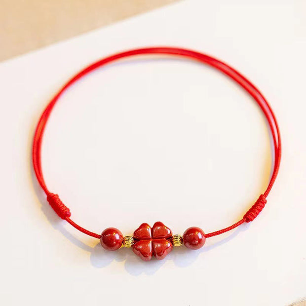 Buddha Stones Cinnabar Four Leaf Clover Blessing String Rope Anklet Anklet BS 1