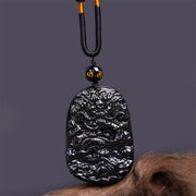 Buddha Stones Black Obsidian Dragon Carved Luck Protection Necklace Pendant