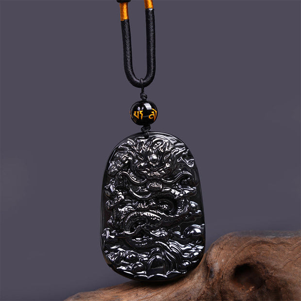 Buddha Stones Black Obsidian Dragon Carved Luck Protection Necklace Pendant