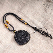 Buddha Stones Natural Black Obsidian Round Dragon Carved Protection Necklace Pendant