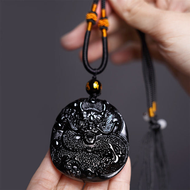 Buddha Stones Natural Black Obsidian Round Dragon Carved Protection Necklace Pendant