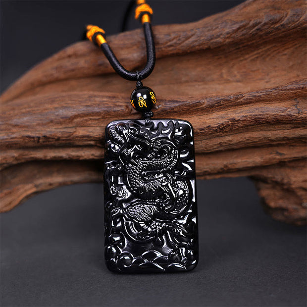 Buddha Stones Natural Black Obsidian Rectangular Dragon Engraved Success Necklace Pendant