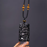 Buddha Stones Natural Black Obsidian Rectangular Dragon Engraved Success Necklace Pendant