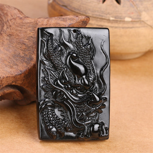 Buddha Stones Natural Black Obsidian Rectangular Dragon Engraved Success Necklace Pendant