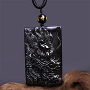 Buddha Stones Natural Black Obsidian Rectangular Dragon Engraved Success Necklace Pendant