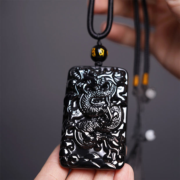 Buddha Stones Natural Black Obsidian Rectangular Dragon Engraved Success Necklace Pendant