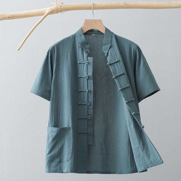 Buddha Stones Chinese Frog-Button Tang Suit Men's Short Sleeve Shirt Cotton Linen Clothing With Pockets