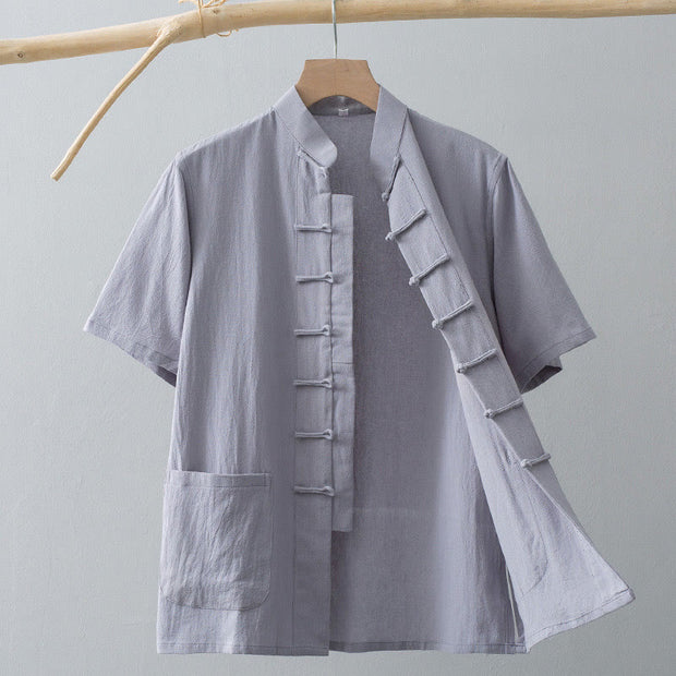 Buddha Stones Chinese Frog-Button Tang Suit Men's Short Sleeve Shirt Cotton Linen Clothing With Pockets Men's Shirts BS LightGrey 4XL(Fit for US/UK/AU44; EU54)