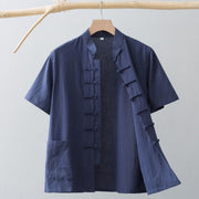 Buddha Stones Chinese Frog-Button Tang Suit Men's Short Sleeve Shirt Cotton Linen Clothing With Pockets Men's Shirts BS SteelBlue 4XL(Fit for US/UK/AU44; EU54)