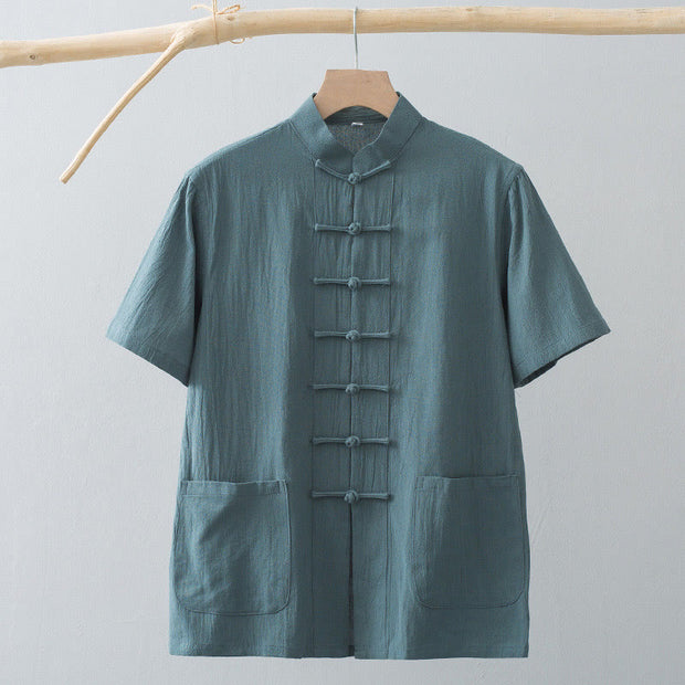 Buddha Stones Chinese Frog-Button Tang Suit Men's Short Sleeve Shirt Cotton Linen Clothing With Pockets Men's Shirts BS 8