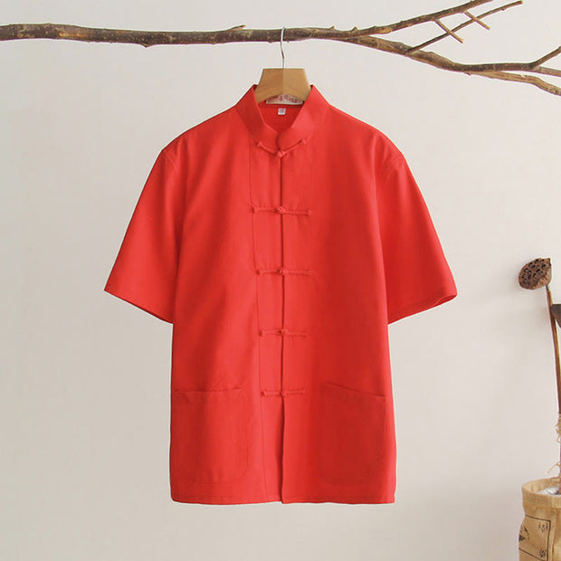 Buddha Stones Chinese Frog-Button Tang Suit Men's Short Sleeve Cotton Shirt With Pockets Men's Shirts BS OrangeRed 4XL(Fit for US/UK/AU44; EU54)