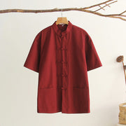 Buddha Stones Chinese Frog-Button Tang Suit Men's Short Sleeve Cotton Shirt With Pockets Men's Shirts BS IndianRed 4XL(Fit for US/UK/AU44; EU54)