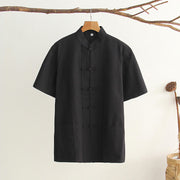 Buddha Stones Chinese Frog-Button Tang Suit Men's Short Sleeve Cotton Shirt With Pockets Men's Shirts BS Black 4XL(Fit for US/UK/AU44; EU54)