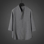 Buddha Stones Casual V-Neck Linen Three Quarter Sleeve Men's Shirt Men's Shirts BS DarkGray 5XL(Fit for USUK/AU46; EU56)