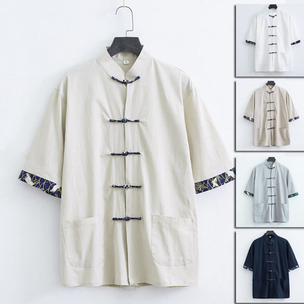 Buddha Stones Frog-Button Tang Suit Men's Short Sleeve Cotton Shirt White Crane Cuffs Clothing With Pockets Men's Shirts BS 19