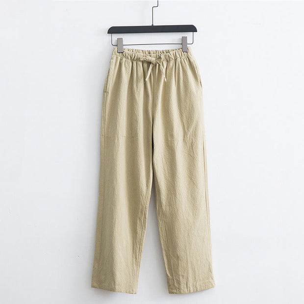 Buddha Stones Men's Solid Color Cotton Linen Casual Drawstring Pants With Pockets