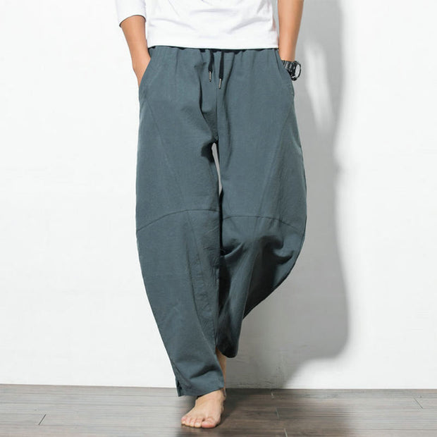 Buddha Stones Casual Men's Solid Color Linen Drawstring Pants With Pockets