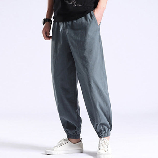 Buddha Stones Solid Color Cotton Linen Casual Men's Harem Pants With Pockets