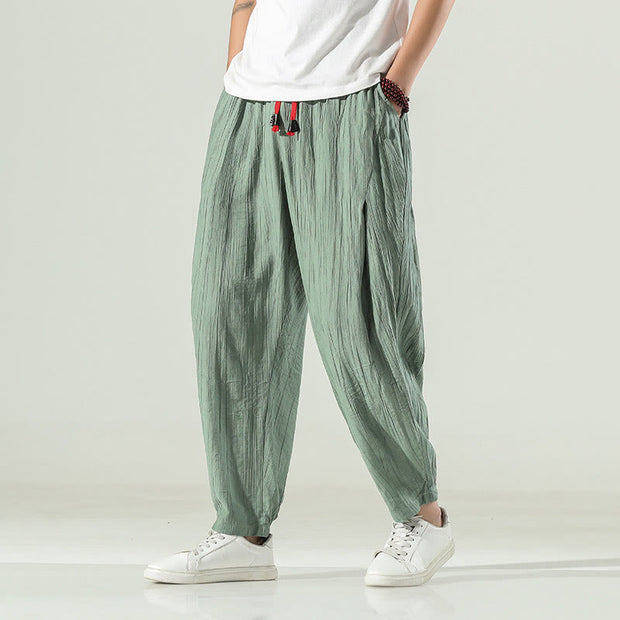 Buddha Stones Cotton Linen Men's Drawstring Harem Pants With Pockets Men's Harem Pants BS DarkSeaGreen 5XL(Fit for USUK/AU46; EU56)