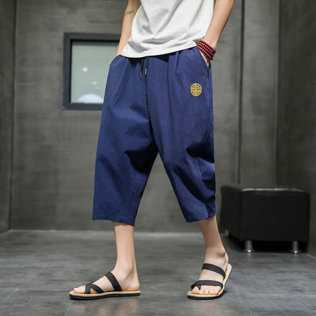 Buddha Stones Summer Men's Linen Drawstring Cropped Pants With Pockets Men's Pants BS SteelBlue 5XL(Fit for US/UK/AU48; EU58)