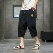 Buddha Stones Summer Men's Linen Drawstring Cropped Pants With Pockets Men's Pants BS Black 5XL(Fit for US/UK/AU48; EU58)