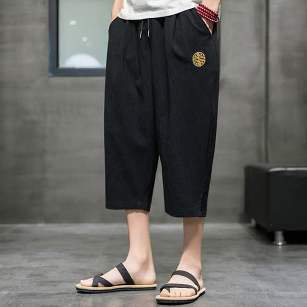 Buddha Stones Summer Men's Linen Drawstring Cropped Pants With Pockets Men's Pants BS 14