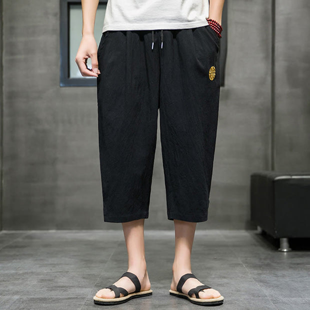 Buddha Stones Summer Men's Linen Drawstring Cropped Pants With Pockets