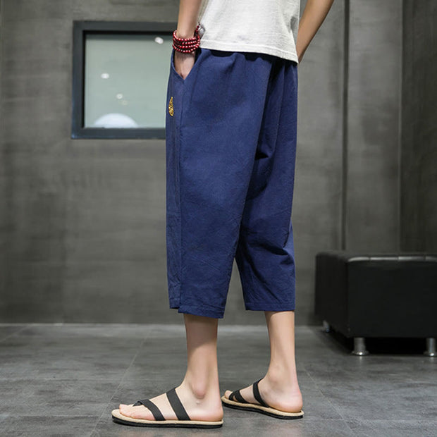 Buddha Stones Summer Men's Linen Drawstring Cropped Pants With Pockets Men's Pants BS 2