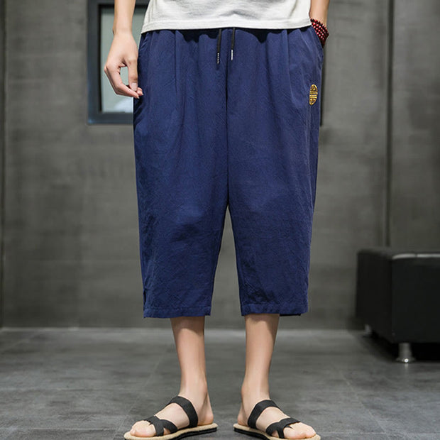 Buddha Stones Summer Men's Linen Drawstring Cropped Pants With Pockets