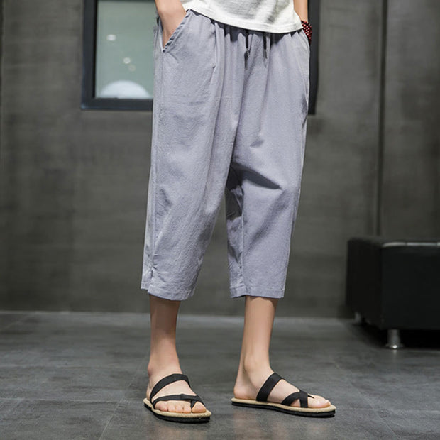 Buddha Stones Summer Men's Linen Drawstring Cropped Pants With Pockets Men's Pants BS 18