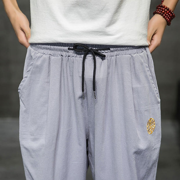 Buddha Stones Summer Men's Linen Drawstring Cropped Pants With Pockets Men's Pants BS 26