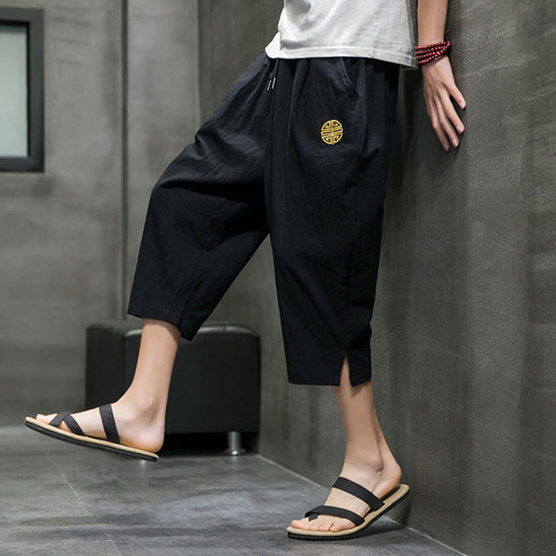 Buddha Stones Summer Men's Linen Drawstring Cropped Pants With Pockets Men's Pants BS 15