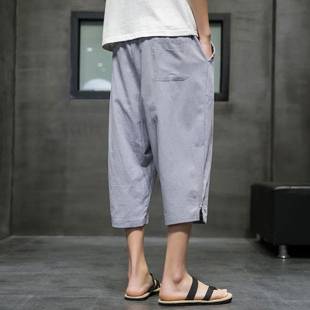 Buddha Stones Summer Men's Linen Drawstring Cropped Pants With Pockets