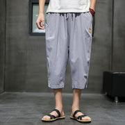 Buddha Stones Summer Men's Linen Drawstring Cropped Pants With Pockets Men's Pants BS 22