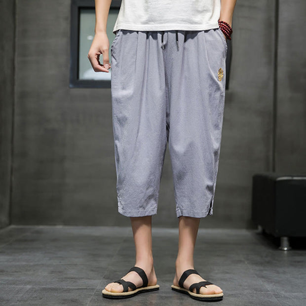 Buddha Stones Summer Men's Linen Drawstring Cropped Pants With Pockets