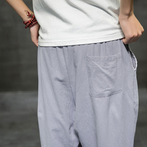 Buddha Stones Summer Men's Linen Drawstring Cropped Pants With Pockets