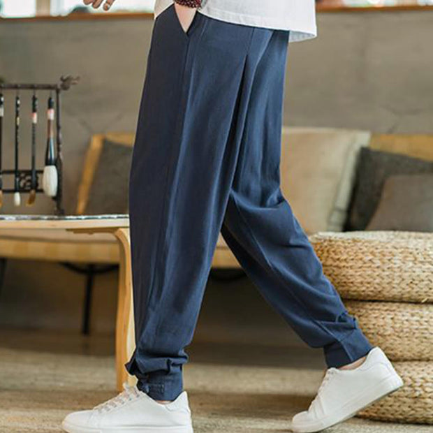 Buddha Stones Summer Plain Men's Cotton Linen Tapered Pants With Pockets Men's Pants BS 31