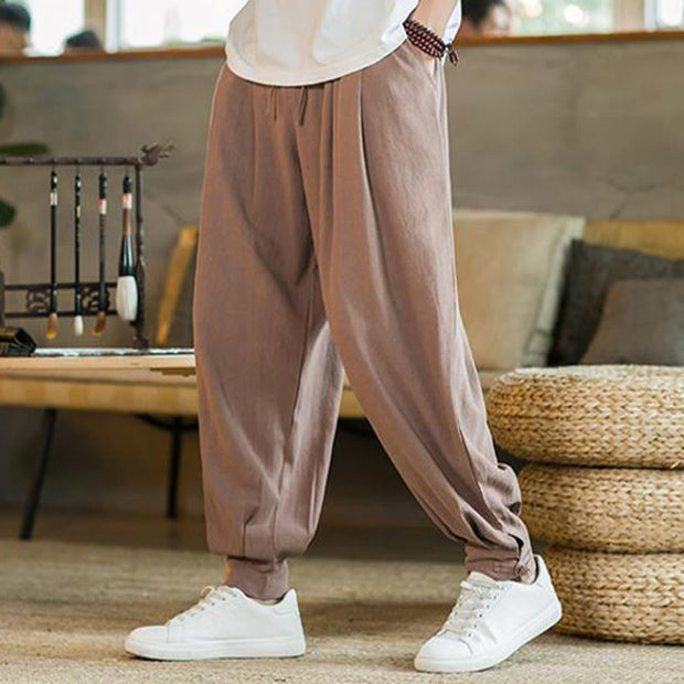 Buddha Stones Summer Plain Men's Cotton Linen Tapered Pants With Pockets