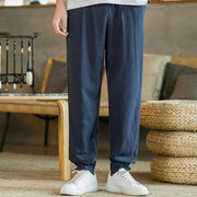 Buddha Stones Summer Plain Men's Cotton Linen Tapered Pants With Pockets Men's Pants BS 35