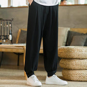 Buddha Stones Summer Plain Men's Cotton Linen Tapered Pants With Pockets Men's Pants BS 24