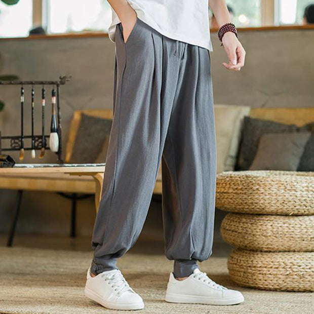 Buddha Stones Summer Plain Men's Cotton Linen Tapered Pants With Pockets Men's Pants BS 1