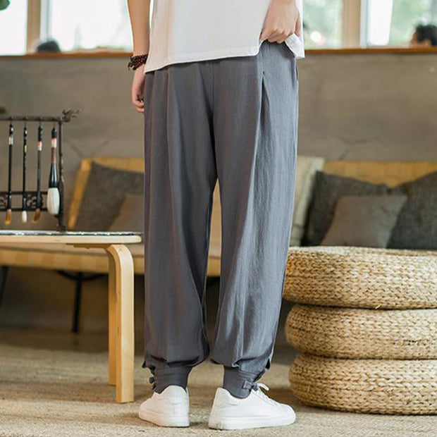 Buddha Stones Summer Plain Men's Cotton Linen Tapered Pants With Pockets Men's Pants BS 2