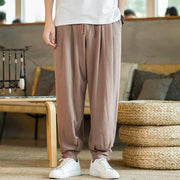 Buddha Stones Summer Plain Men's Cotton Linen Tapered Pants With Pockets Men's Pants BS 16