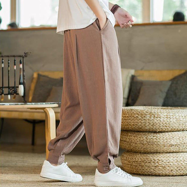 Buddha Stones Summer Plain Men's Cotton Linen Tapered Pants With Pockets Men's Pants BS 13