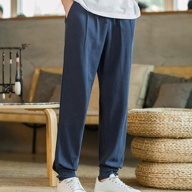 Buddha Stones Summer Plain Men's Cotton Linen Tapered Pants With Pockets Men's Pants BS 36