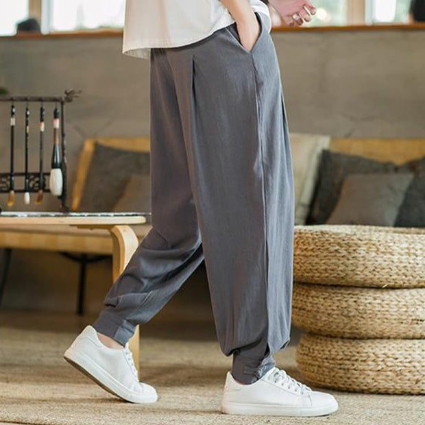 Buddha Stones Summer Plain Men's Cotton Linen Tapered Pants With Pockets Men's Pants BS 8