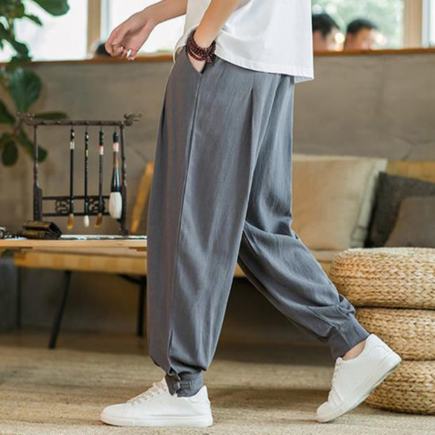 Buddha Stones Summer Plain Men's Cotton Linen Tapered Pants With Pockets Men's Pants BS 3