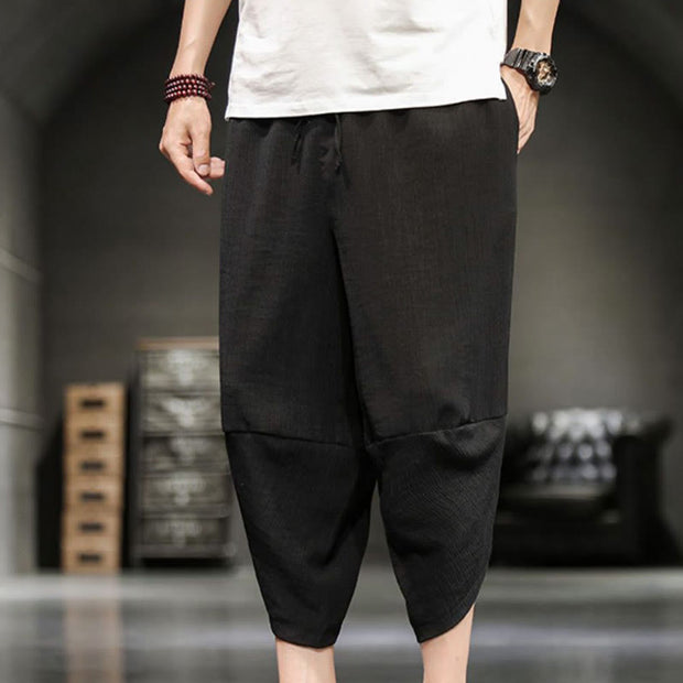 Buddha Stones Summer Solid Men's Cotton Linen Cropped Pants With Pockets Men's Pants BS 29