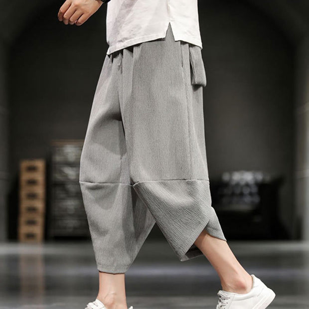 Buddha Stones Summer Solid Men's Cotton Linen Cropped Pants With Pockets Men's Pants BS 6